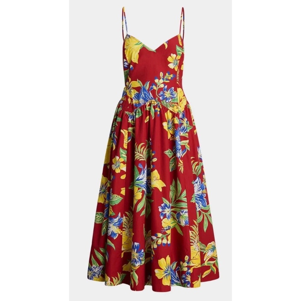 NWT Polo Ralph Lauren Midi Dress Women 10 Red Tropical Floral Cotton Sun Dress